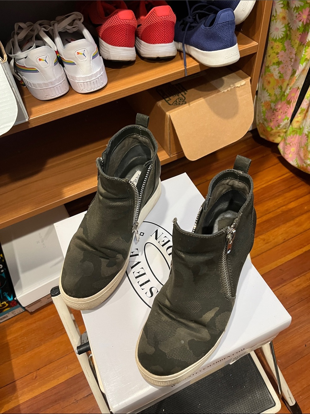 Steve Madden Women’s High-Top wedge Sneakers in Olive Camo